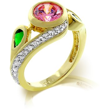 Fashion ring with green, pink and clear cubic zirconia, size 8