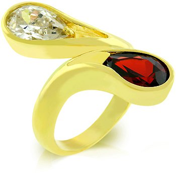 14k Gold Bonded fashion ring with red and Clear CZ in goldtone, size 8