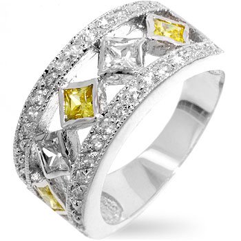 Fashion Ring with yellow & clear CZ in silvertone, size 8