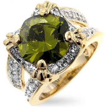 Fashion Ring with olive green & clear CZ in goldtone, size 8