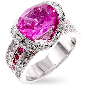 Fashion Ring with pink & clear CZ in silvertone, size 8
