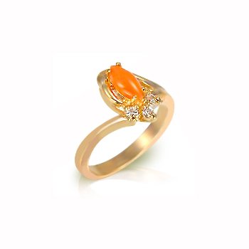 Fashion Ring with coral genuine stone & clear Cubic Zirconia in gold tone, size 8
