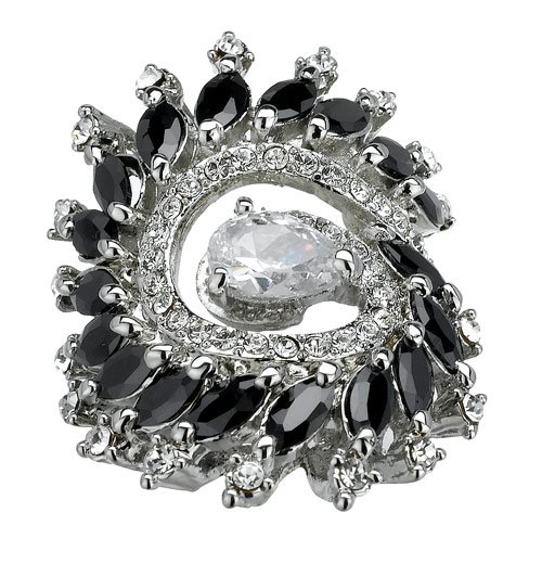 Feather fashion Ring with black & clear Cubic Zirconia in silvertone, size 7