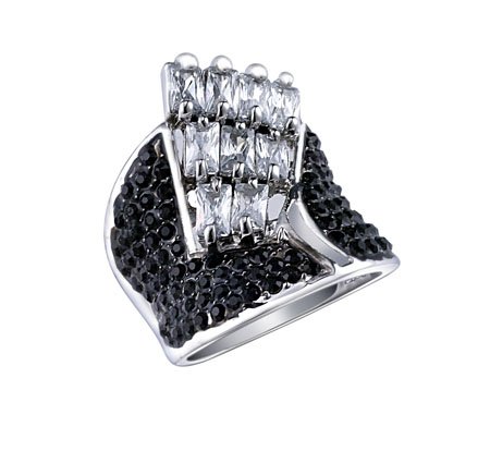 Fashion Ring with black & clear Cubic Zirconia in silvertone, size 8