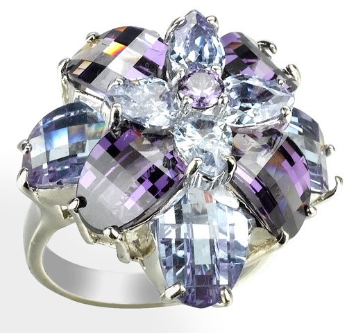 Huge gorgeous fashion ring with 2 shades of Purple Cubic Zirconia in silvertone, size 8
