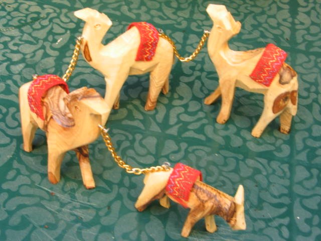 Olive Wood Carved 3 Camel Train and Donkey
