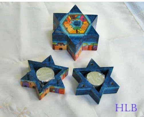Candlesticks Emanuel Wood Hand Painted Shabbat 'Star of David'
