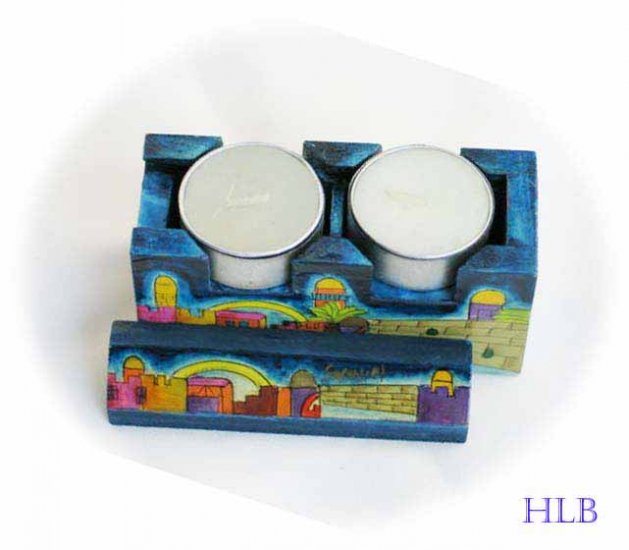 Candlesticks Emanuel Wood Hand Painted Shabbat Travel of the 'Kotel'