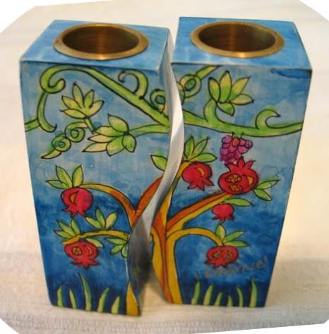 Shabbat Candlesticks Emanuel's Wood Hand Painted Fitted 'Seven Species'