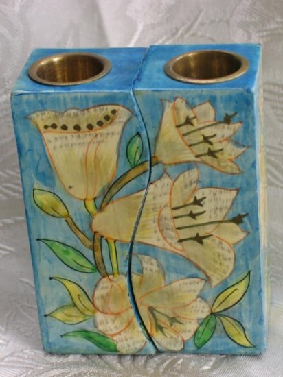 Shabbat Candlesticks Emanuel Wood Hand Painted Fitted 'White Flowers'