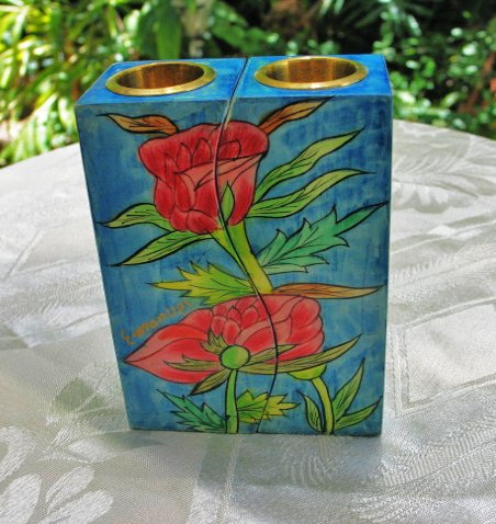 Shabbat Candlesticks Emanuel Wood Hand Painted Fitted 'Roses'