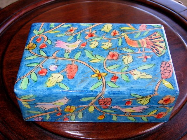 Jewelry Box Emanuel Wood Hand Painted Medium 'Peacocks'