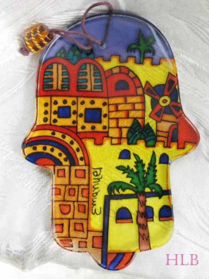 Hamsa - Yair Emanuel's Glass Hand Painted Large 'Oriental Jerusalem'