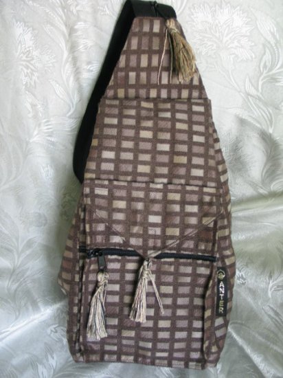Backpack - Ethnic Fabric Brown Tan / Checked Woven Tote / Shoulder Bag