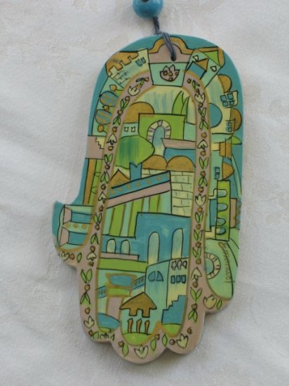 Wood Hamsa Emanuel Hand Painted Wall Decor 'Pastel Jerusalem'