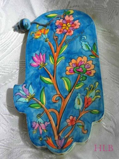 Wood Hamsa Emanuel Hand Painted Wall Decor 'Wild Flowers'