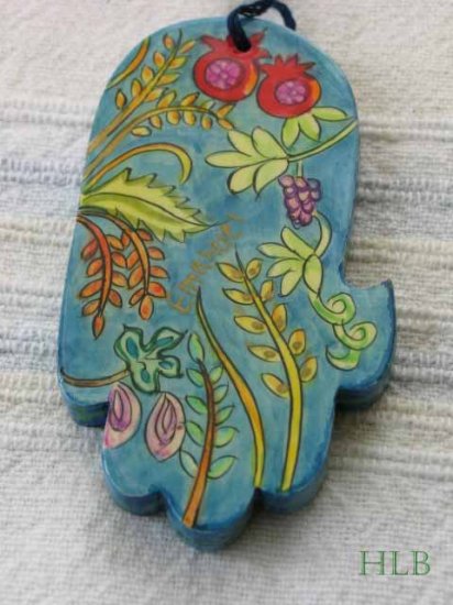 Wood Hamsa Emanuel Hand Painted Wall Decor 'Seven Species'