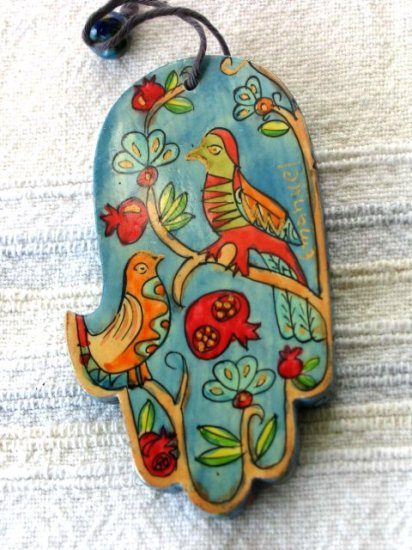Wood Hamsa Emanuel Hand Painted Wall Decor 'Exotic Birds'