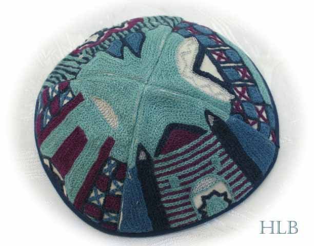 Kippa Hand Embroidered Emanuel Blue Jerusalem -- YAE6
