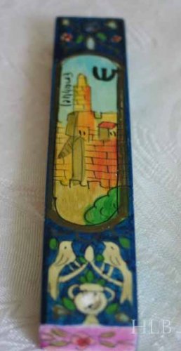 Mezuzah Emanuel Wood Small Hand Painted Jerusalem Towers-- MZS5