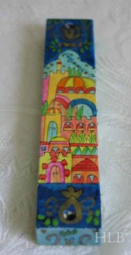 Mezuzah Emanuel Wood Small Hand Painted Oriental Jerusalem -- MZS17