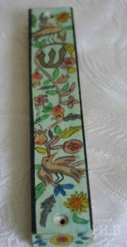 Mezuzah Emanuel Wood Small Hand Painted Birds -- MZS6