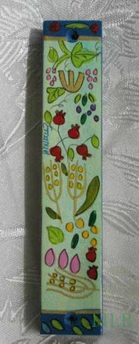 Mezuzah Emanuel Wood Large Hand Painted Seven Species -- MZL6