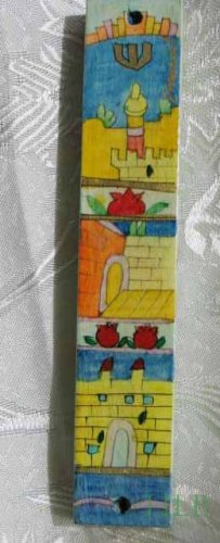 Mezuzah Emanuel Wood Large Hand Painted Jerusalem Arches and Walls -- MZL20