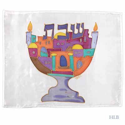 Challah Cover Emanuel Hand Painted Silk Shabbat Menorah-- CSY4