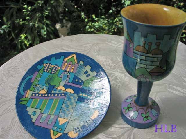 Kiddush Cup Emanuel Hand Painted Wood Blue Jerusalem -- CU10
