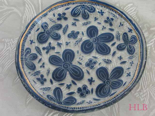 Round Dish Andreas Meyer Fused Decorative Glass - Blue Embroidery