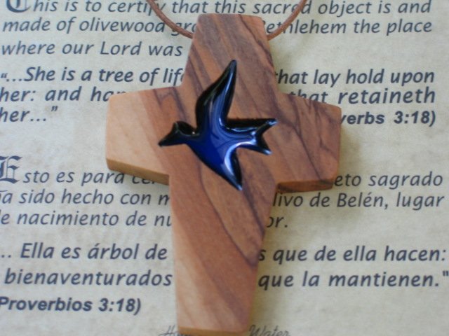 6 Olive Wood Cross Pendants With Acrylic Dove Inlay