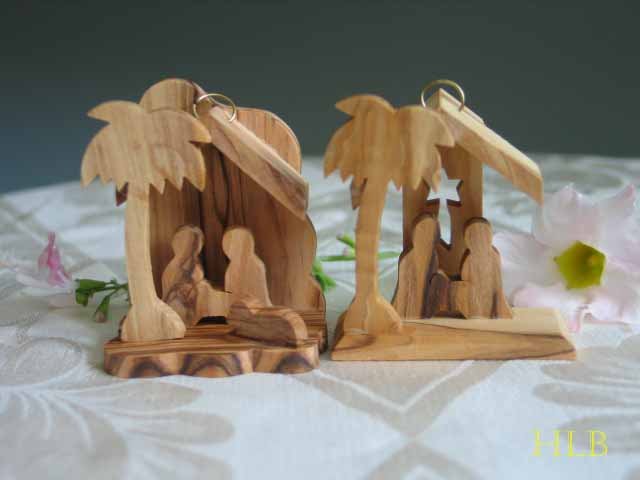 2 Olive Wood Nativity Tree Ornaments with Lamb and Star