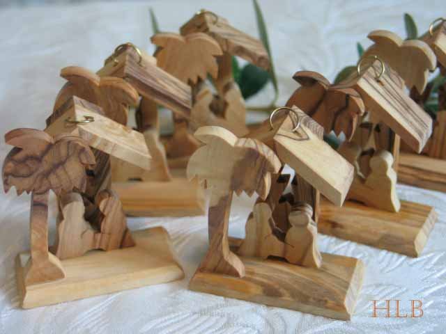 6 Olive Wood Nativity Tree Ornaments with Star Background