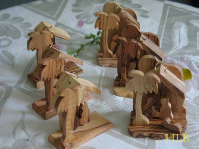 6 Olive Wood Nativity Tree Ornaments with 3 Star Background and 3 Lamb Foreground