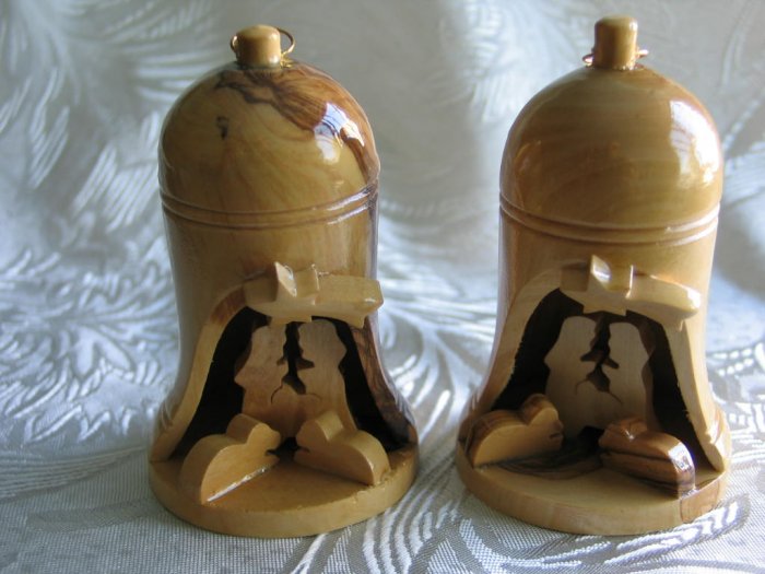 2 Olive Wood Bells With Nativity Scene - Large Size