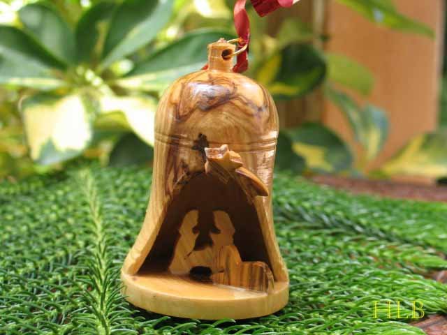 Olive Wood Christmas Bell Ornament With Nativity Scene