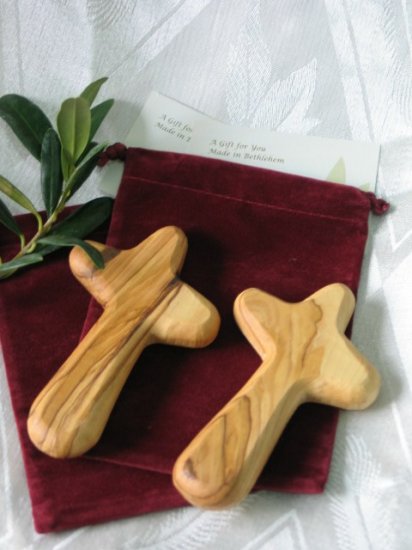2 Olive Wood Holding Comfort Crosses + Gift Bags