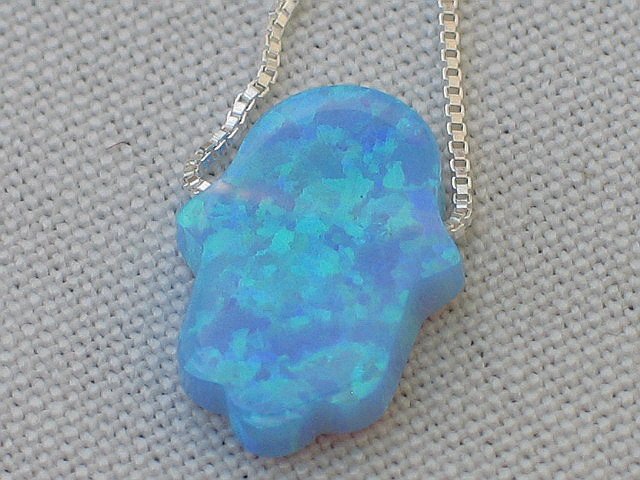 Blue Opal Hamsa Necklace and Silver Chain