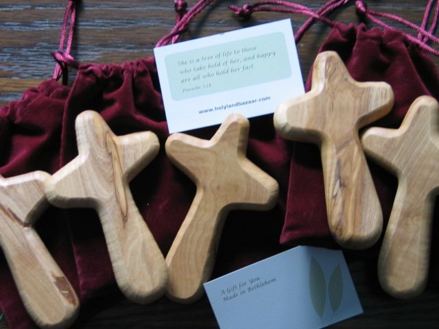 10 Olive Wood Comfort Holding Crosses + Gift Bags