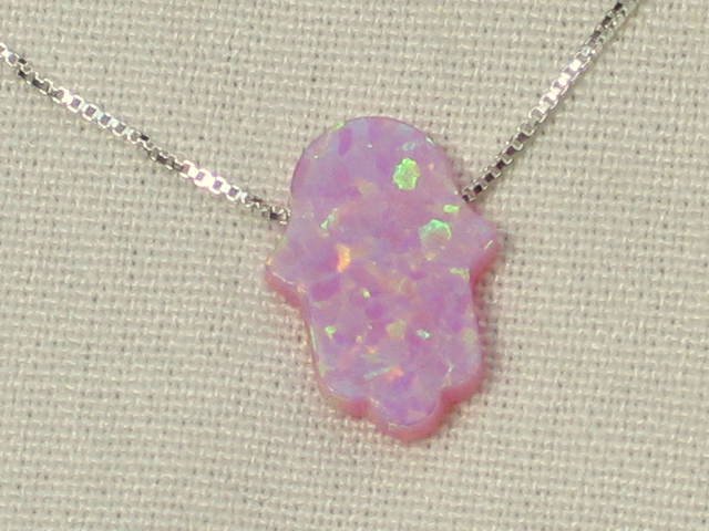 Pink Opal Hamsa Necklace with Silver Chain