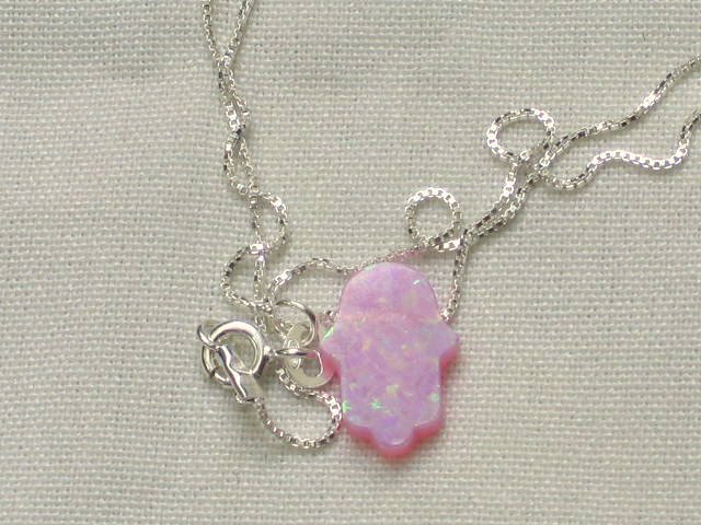 Petite Pink Opal Hamsa Necklace and 925 Silver Chain