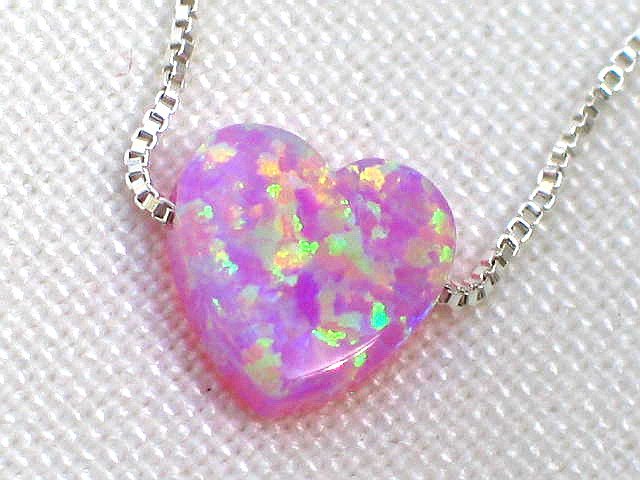 Petite Pink Heart Opal Necklace with 925 Silver Chain