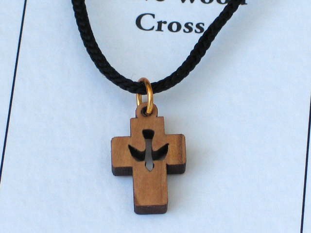 Olive Wood 'Dove Cut Out' Cross Pendant Necklace