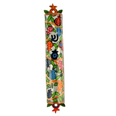 Emanuel Laser Lazer Cut Hand Painted Pomegranates Metal Mezuzah MLC1