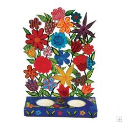 Emanuel Painted Metal Lazer Cut Shabbat Candlesticks - Flowers CLC2