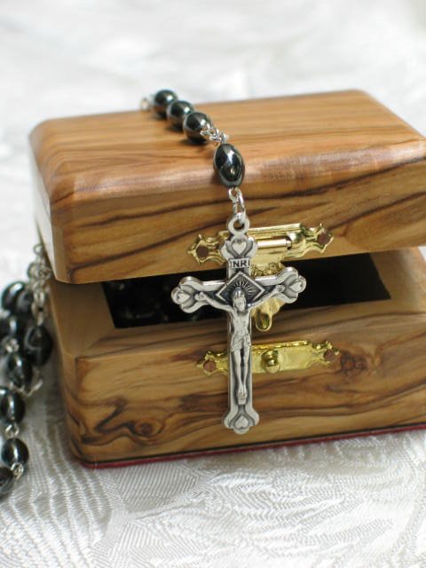 Bethlehem Hematite & Pewter Rosary and Olive Wood Box