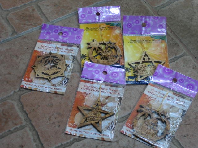 5 Piece Set Olive Wood Bethlehem Christmas Tree Ornaments
