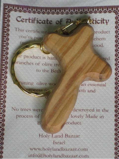 Olive Wood Holding Comfort Cross Key Chain