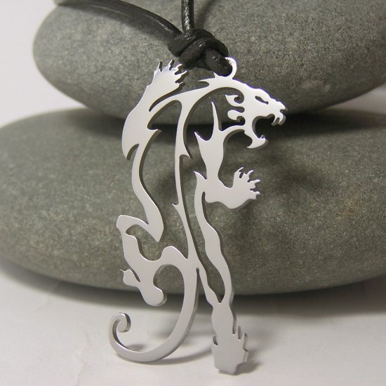 Tribal Tiger, Panther, stainless steel pendant on natural leather cord. A surfer style necklace